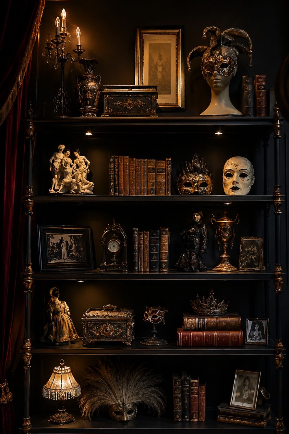 Collection display with dramatic lighting creating theatrical aesthetic