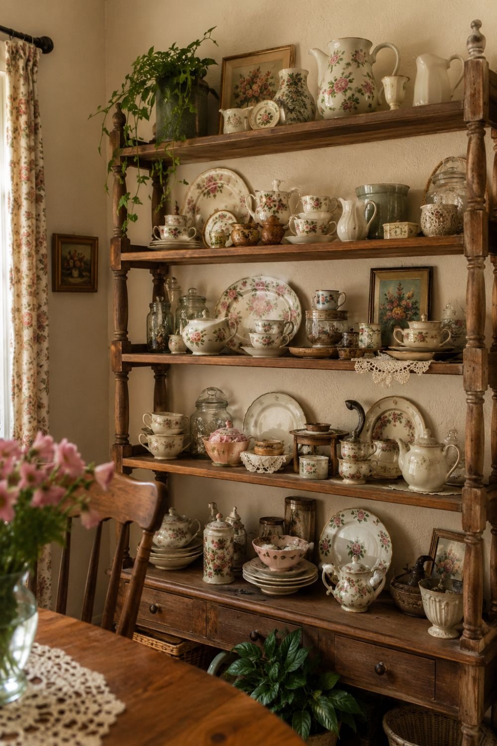 Collections of vintage teacups and pitchers displayed on dining room shelves
