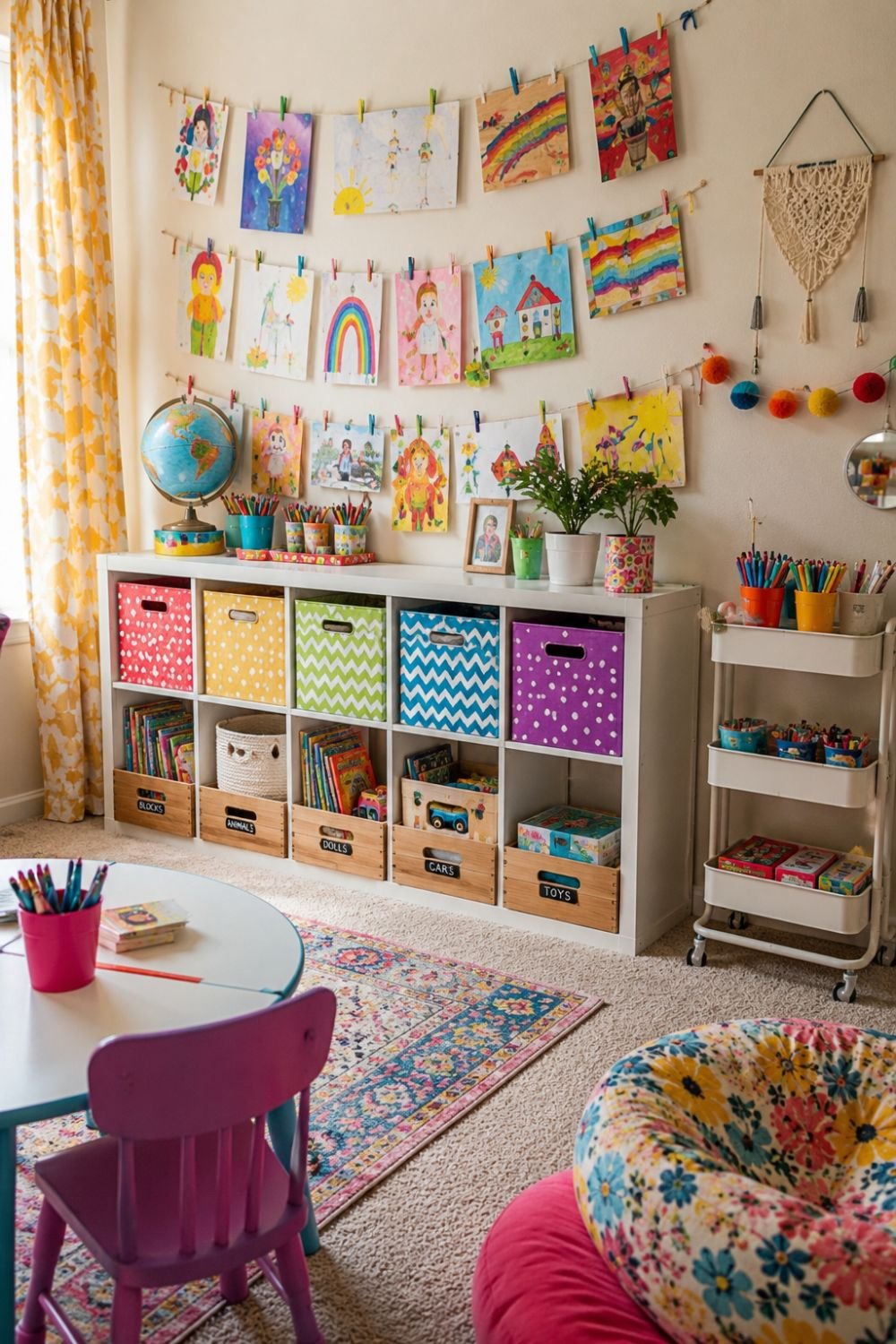 Color-coded storage bins organizing toys by color in playroom