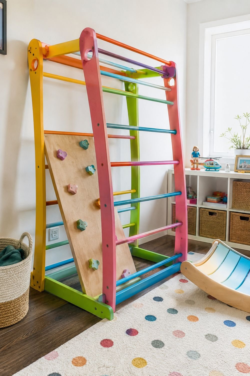 Colorful climbing ladder and storage furniture in maximalist kids' playroom