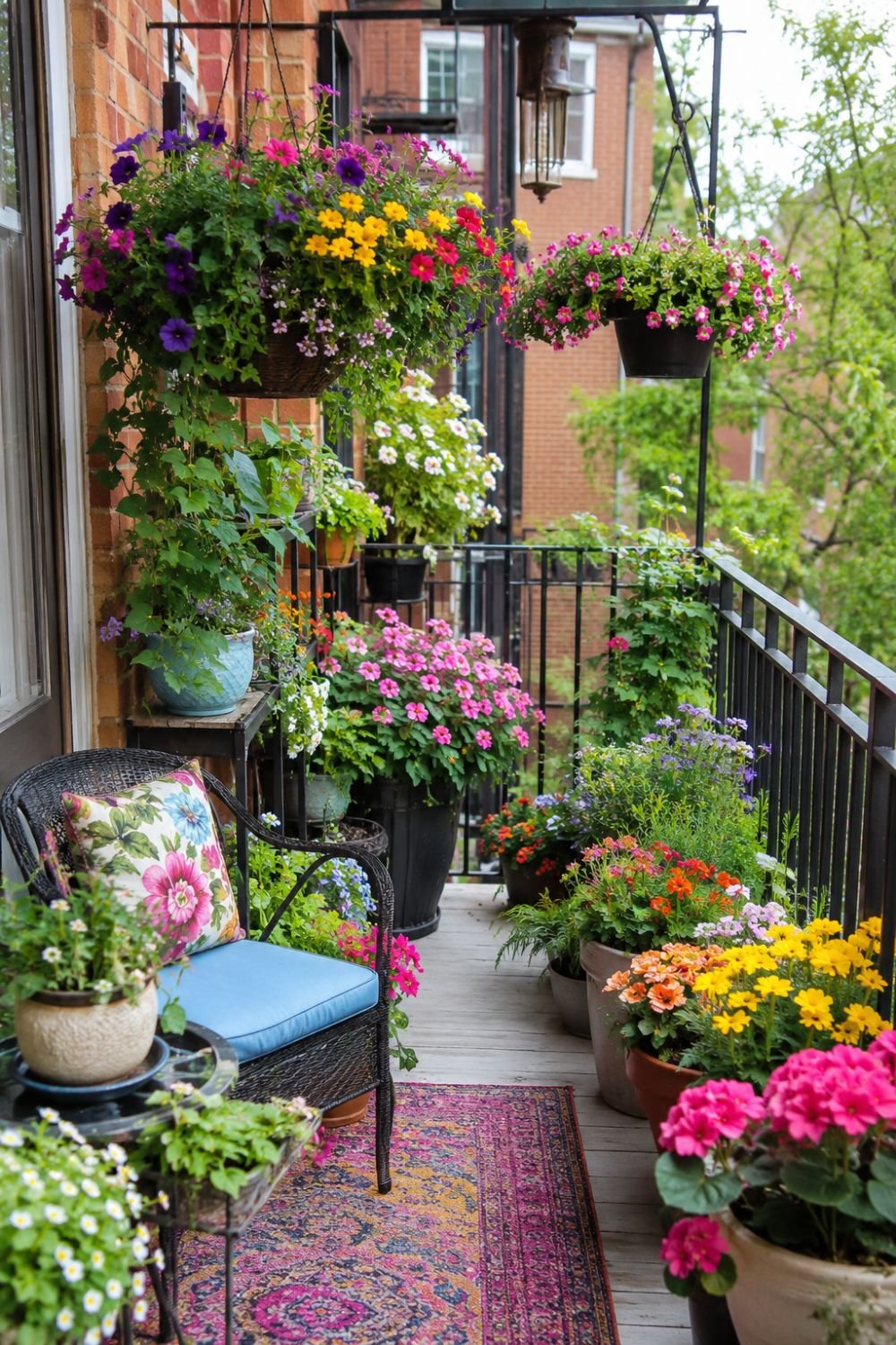 Colorful hanging flowers in small balcony creating bright dopamine display