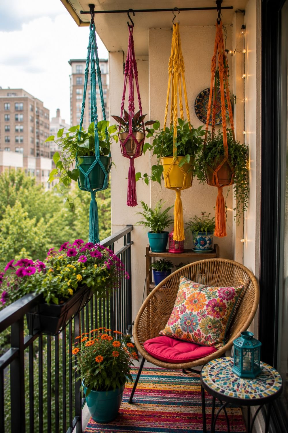 Colorful macramé plant hangers creating texture in small balcony