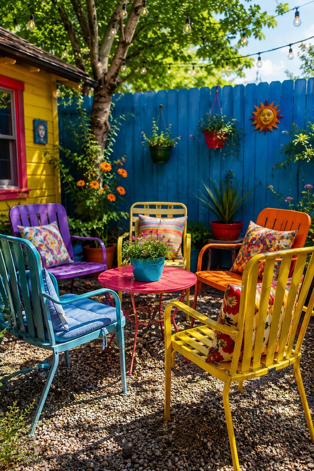 Colorful outdoor chairs in rainbow colors creating dopamine seating area