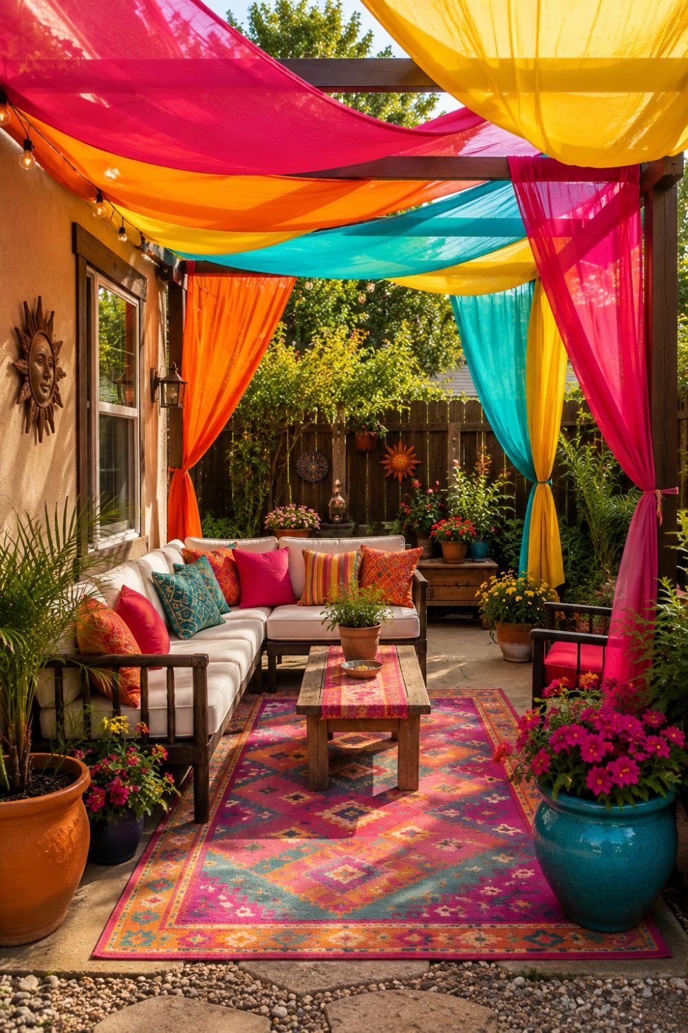 Colorful outdoor curtains overhead creating shaded bright backyard space