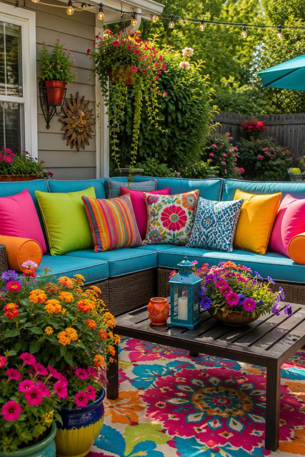 Colorful outdoor pillows in bright mix on seating area