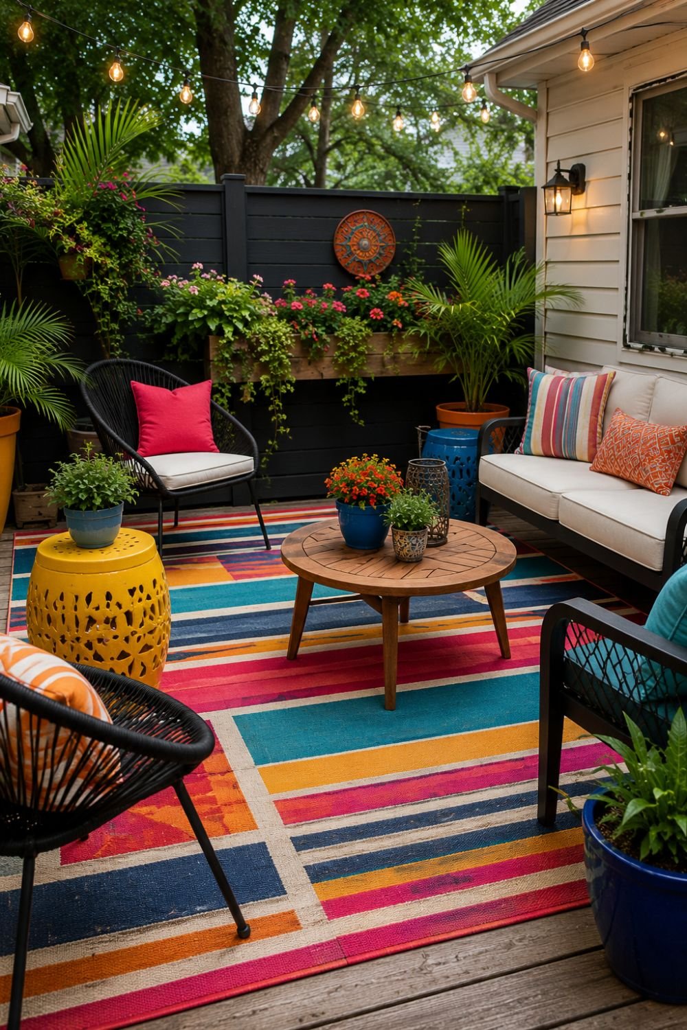 Colorful outdoor rug with bright geometric pattern in dopamine space