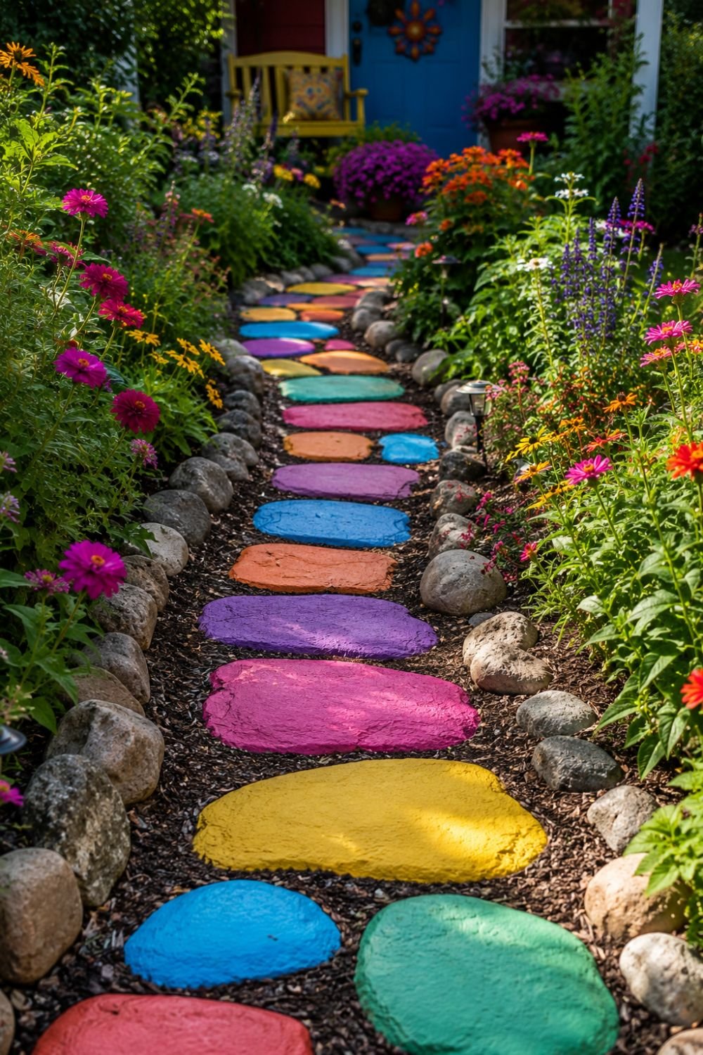 Colorful painted stepping stones creating bright garden path