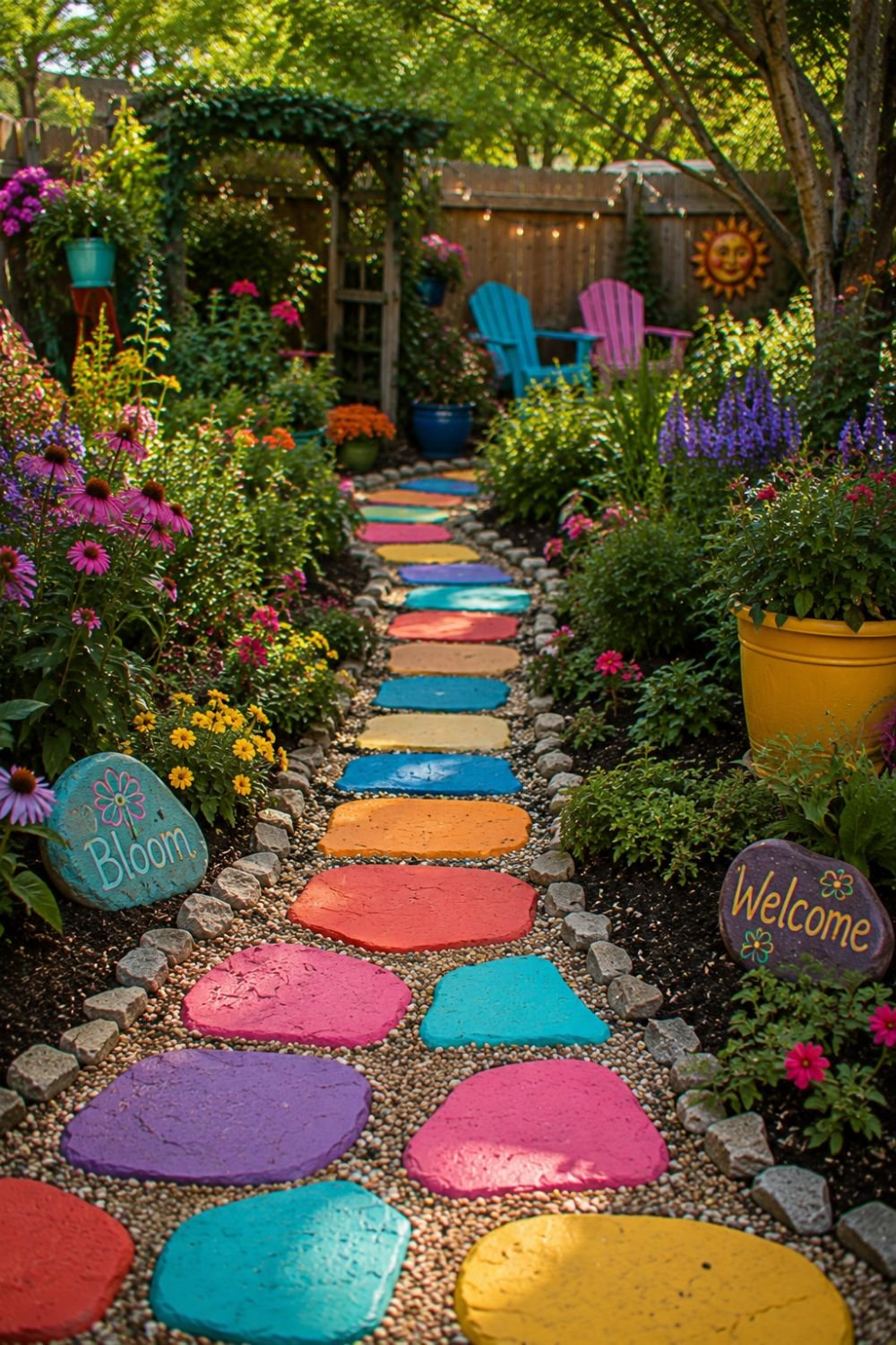 Colorful pathway created with painted stones through garden