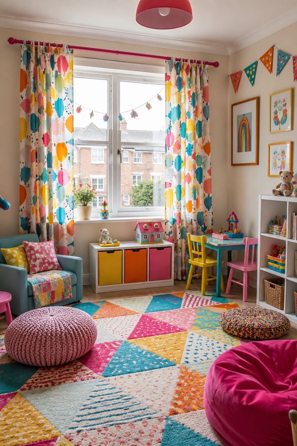 Colorful patterned curtains on playroom windows creating playful treatment