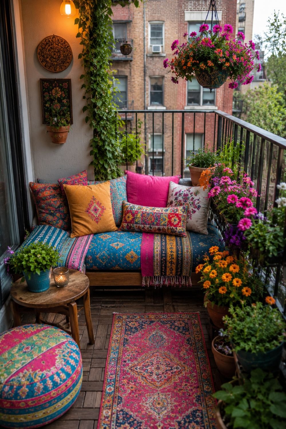 Colorful pillows in small balcony seating area
