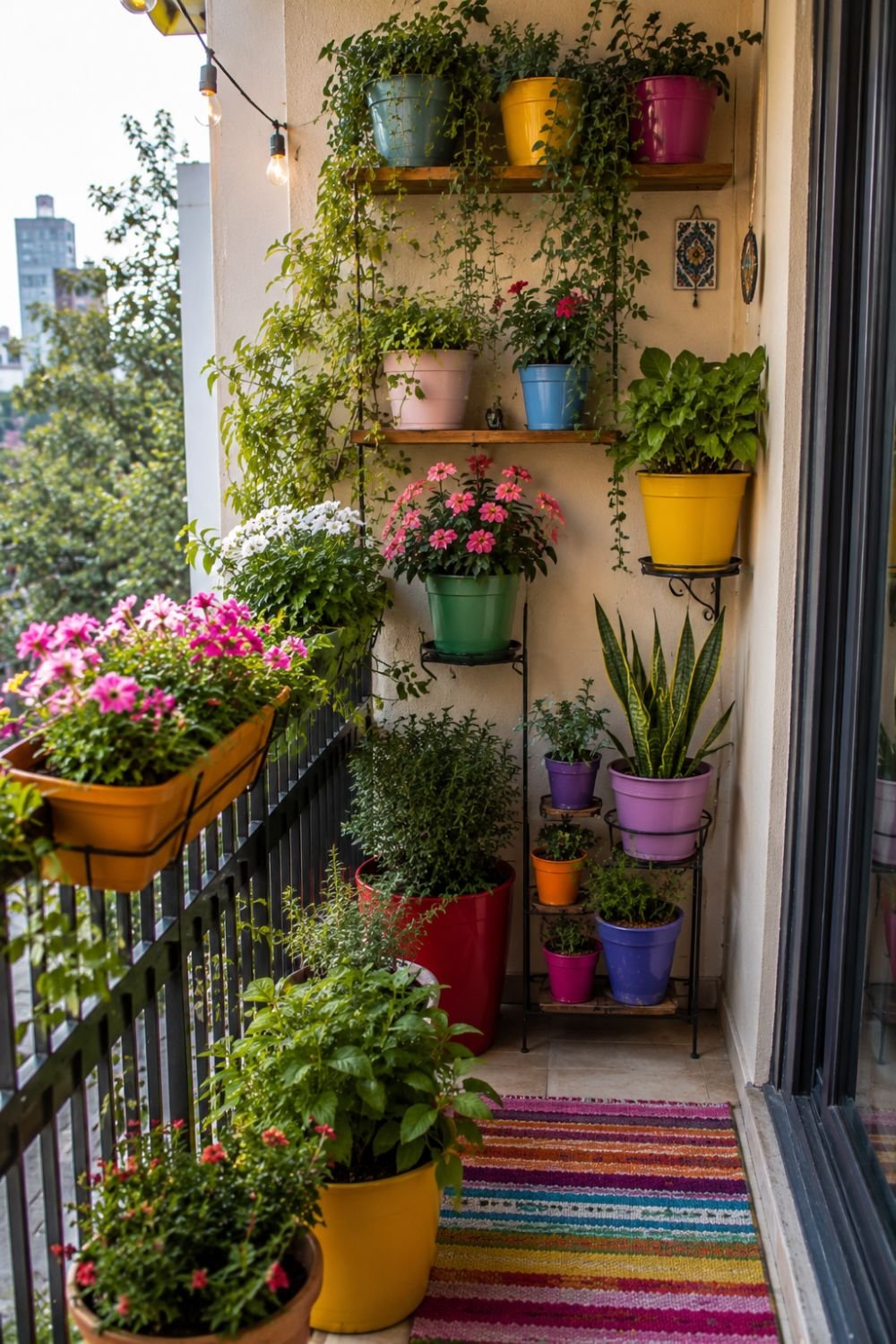 Colorful plant wall in small balcony creating living dopamine display