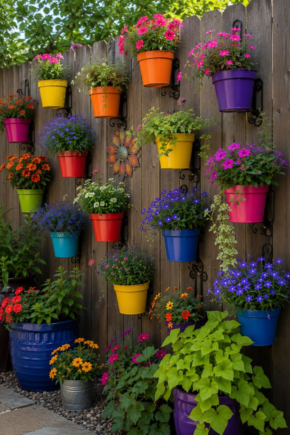 Colorful planters hanging on fence creating vertical dopamine display