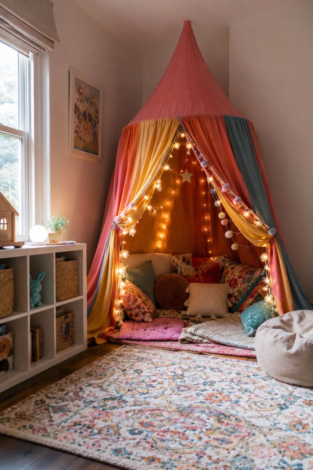 Colorful play tent with lights and pillows in maximalist playroom