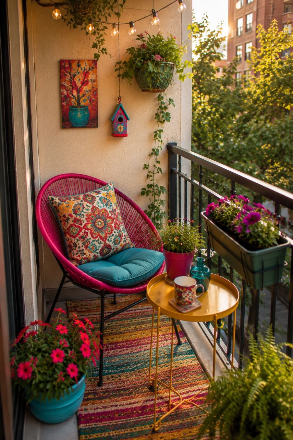 Colorful seating arrangement maximizing small balcony space