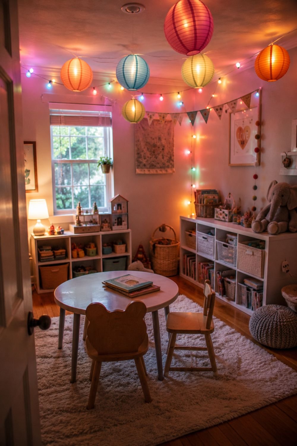 Colorful string lights and lanterns in kids' playroom creating fun lighting