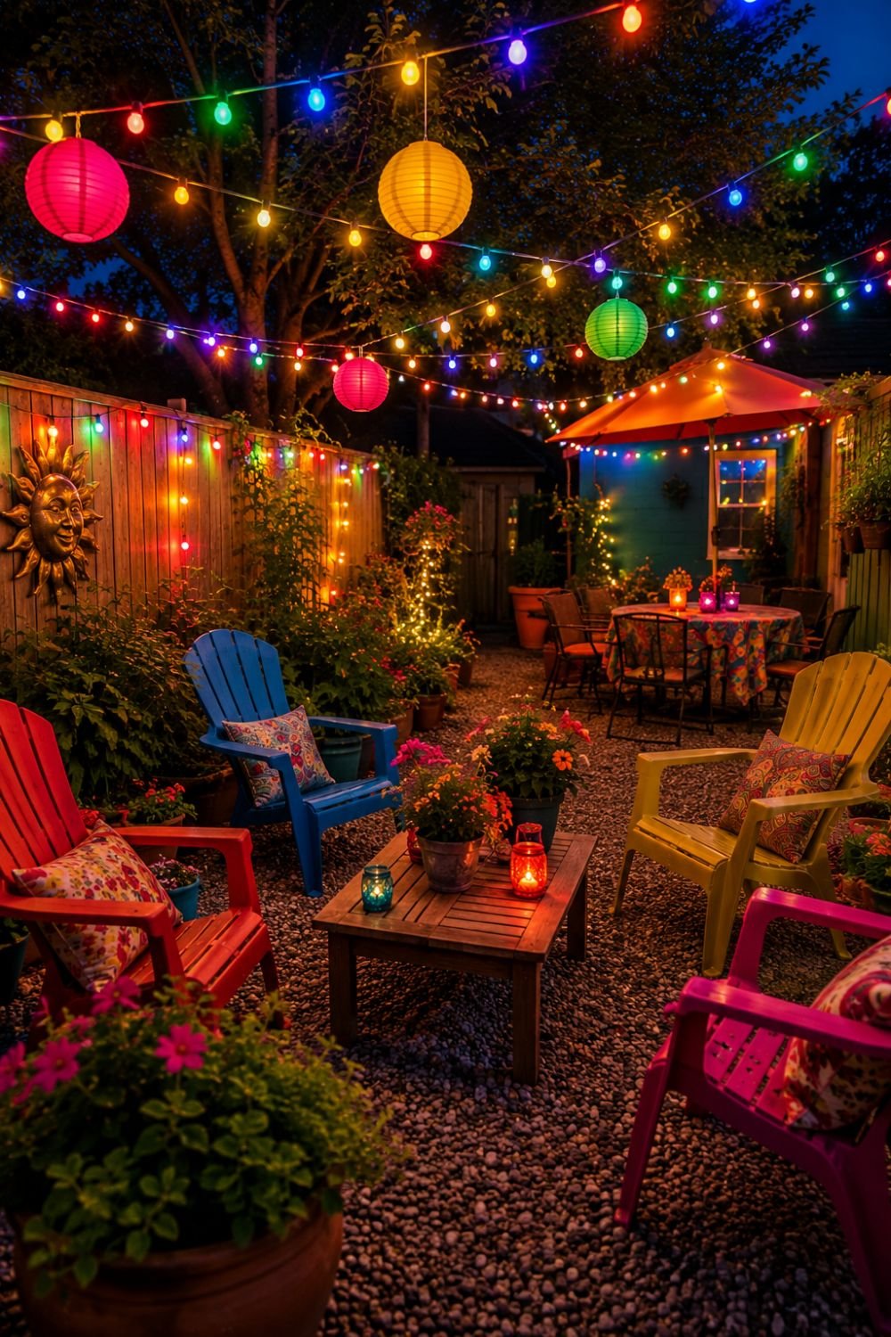 Colorful string lights and lanterns overhead in dopamine backyard