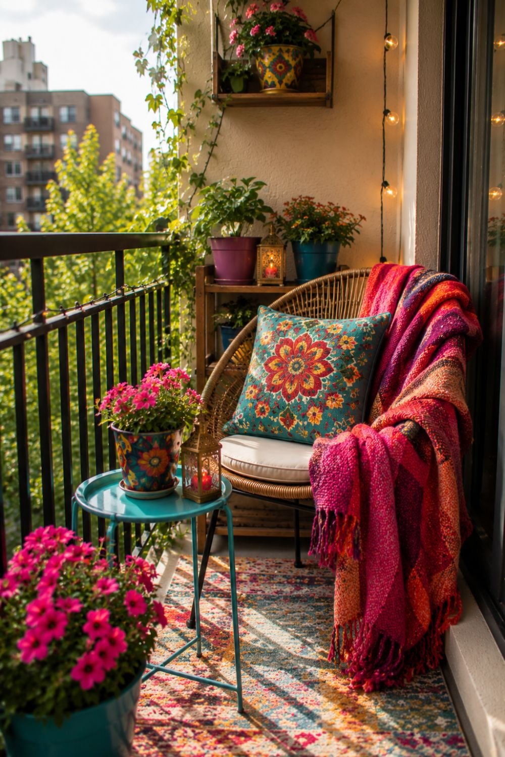 Colorful throw blanket on chair in small balcony space