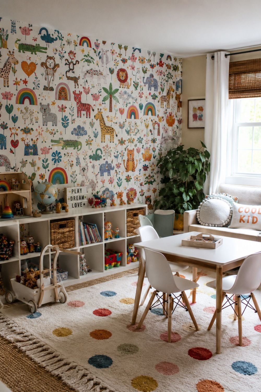 Colorful wallpaper with playful patterns on kids' playroom focal wall