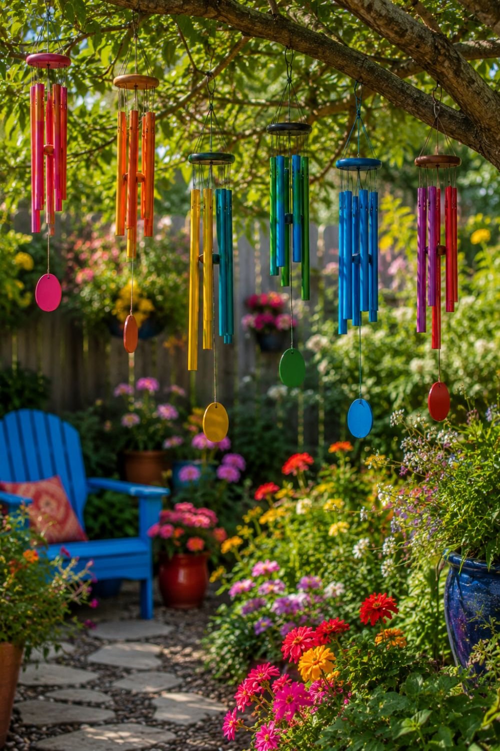 Colorful wind chimes hanging in tree creating bright sound in backyard