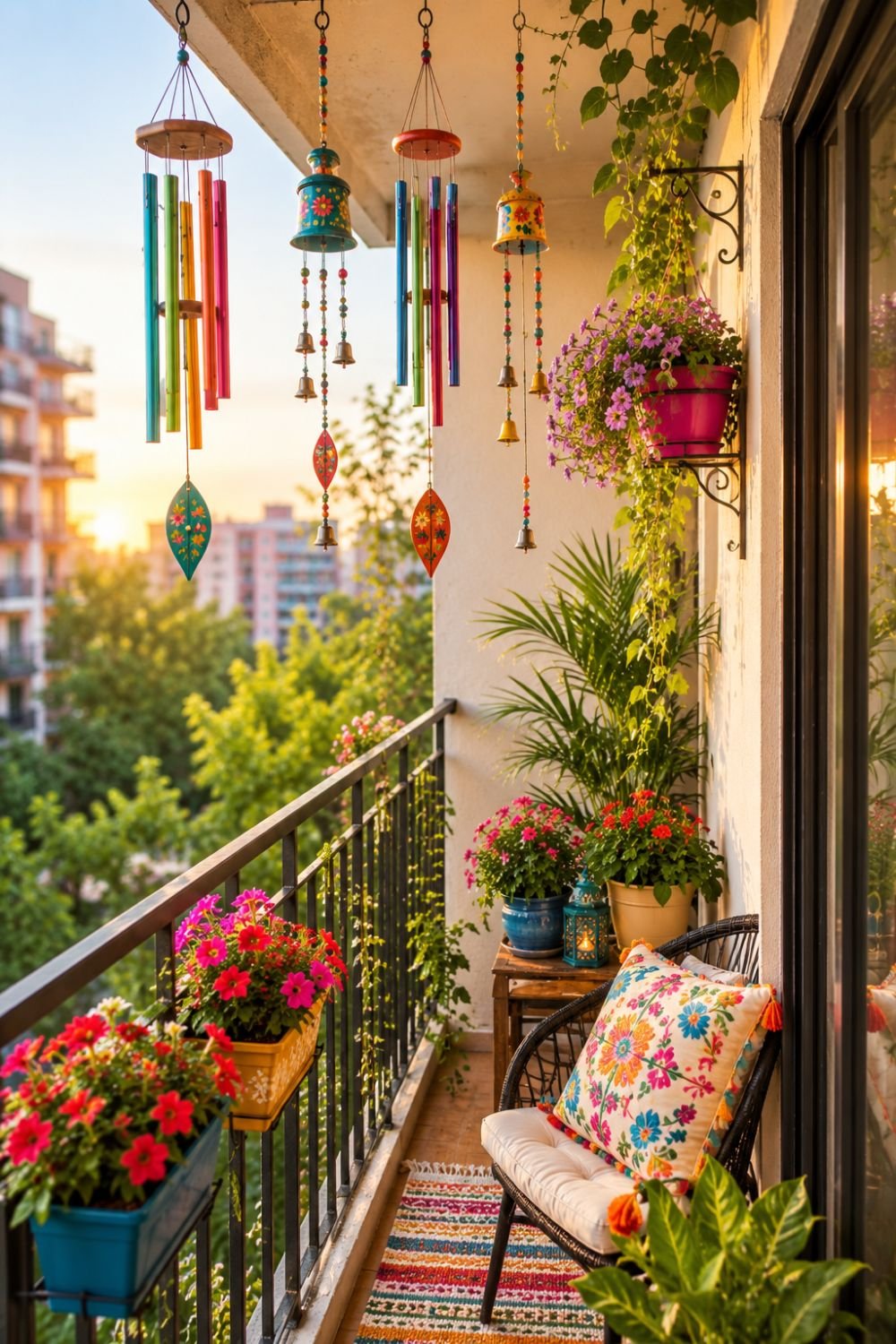 Colorful wind chimes in small balcony creating bright audio-visual dopamine