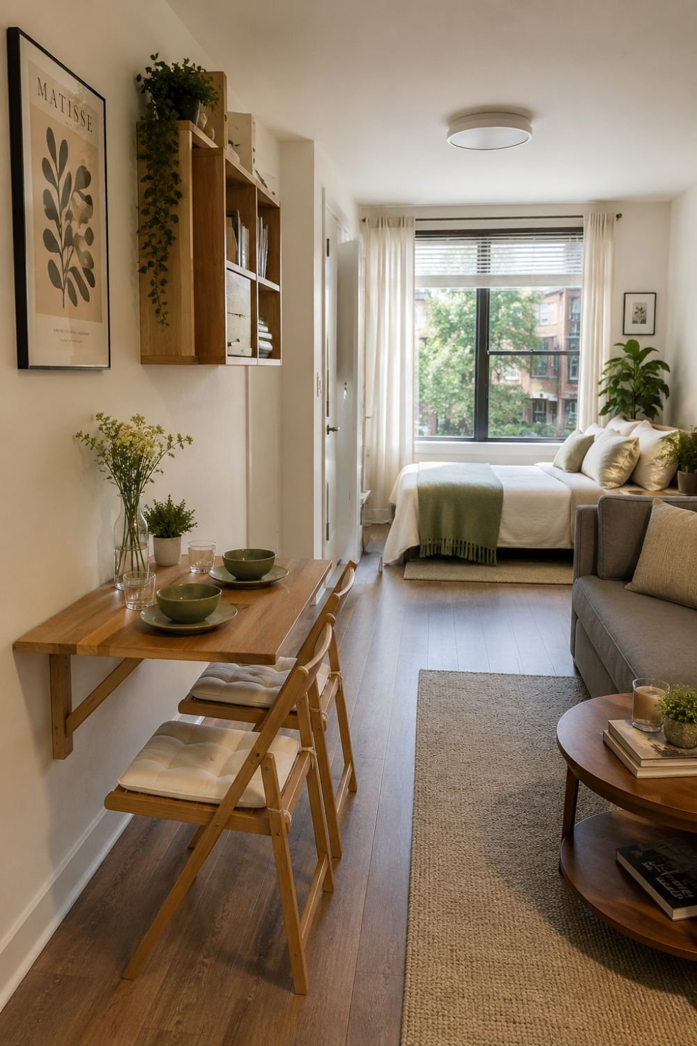 Compact dining table serving as space-saving solution in studio