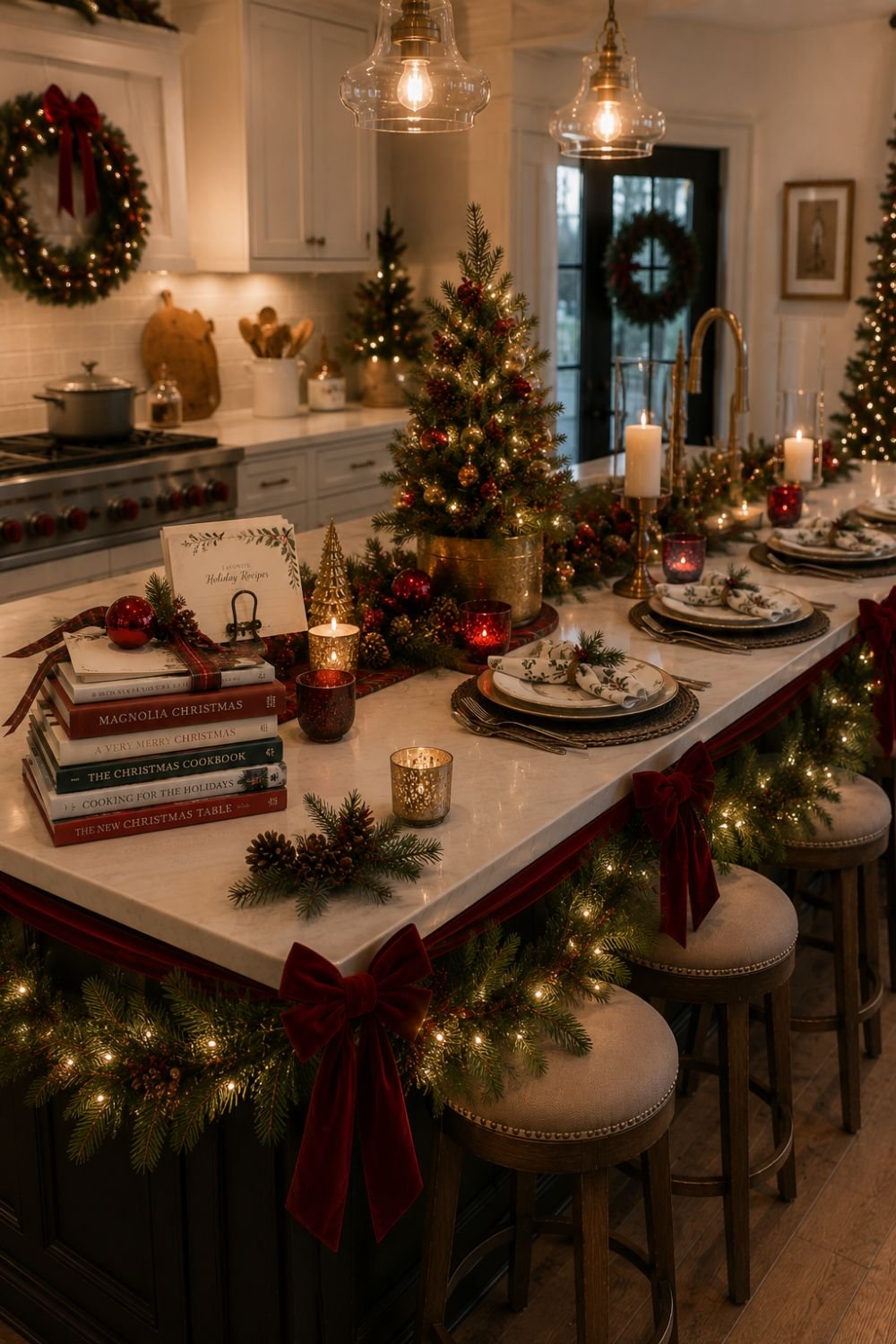 Complete Christmas kitchen island with coordinated holiday decor throughout