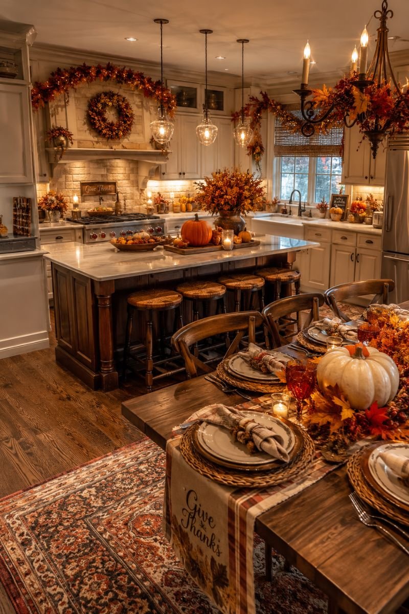 Complete Thanksgiving kitchen with coordinated warm festive decor throughout