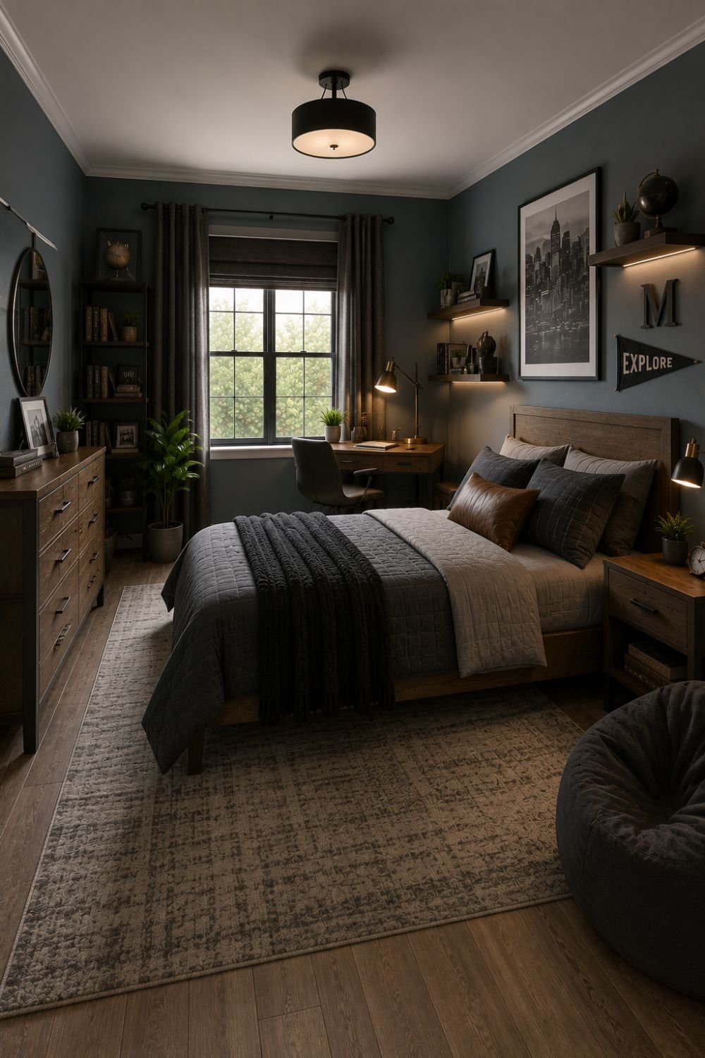 Complete boys bedroom with coordinated paint color and modern decor