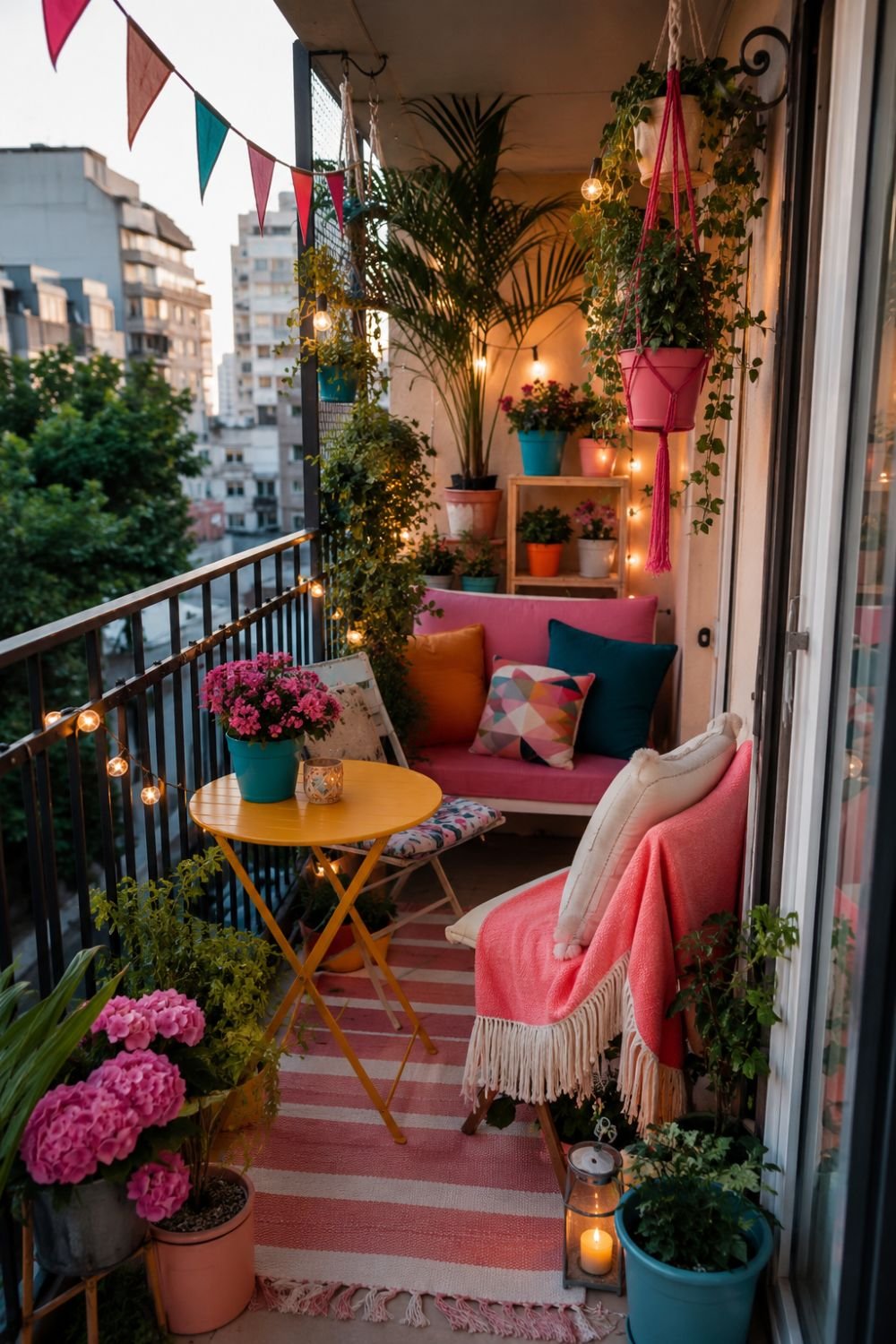 Complete colorful small balcony with dopamine boost elements throughout