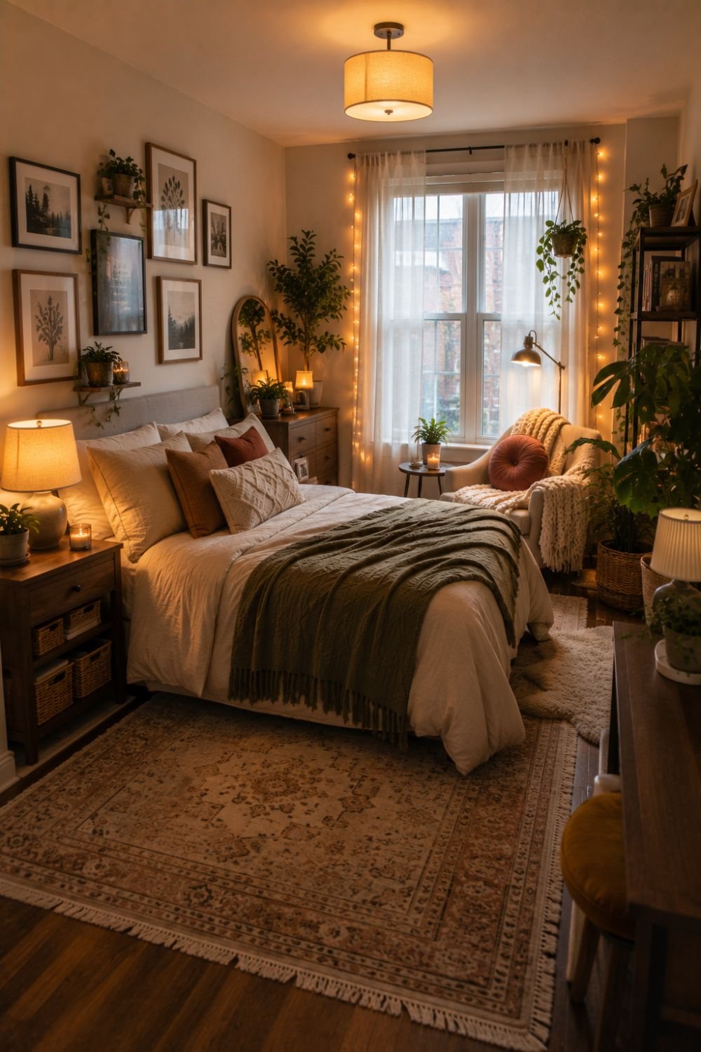 Complete cozy renter-friendly apartment bedroom with removable decor