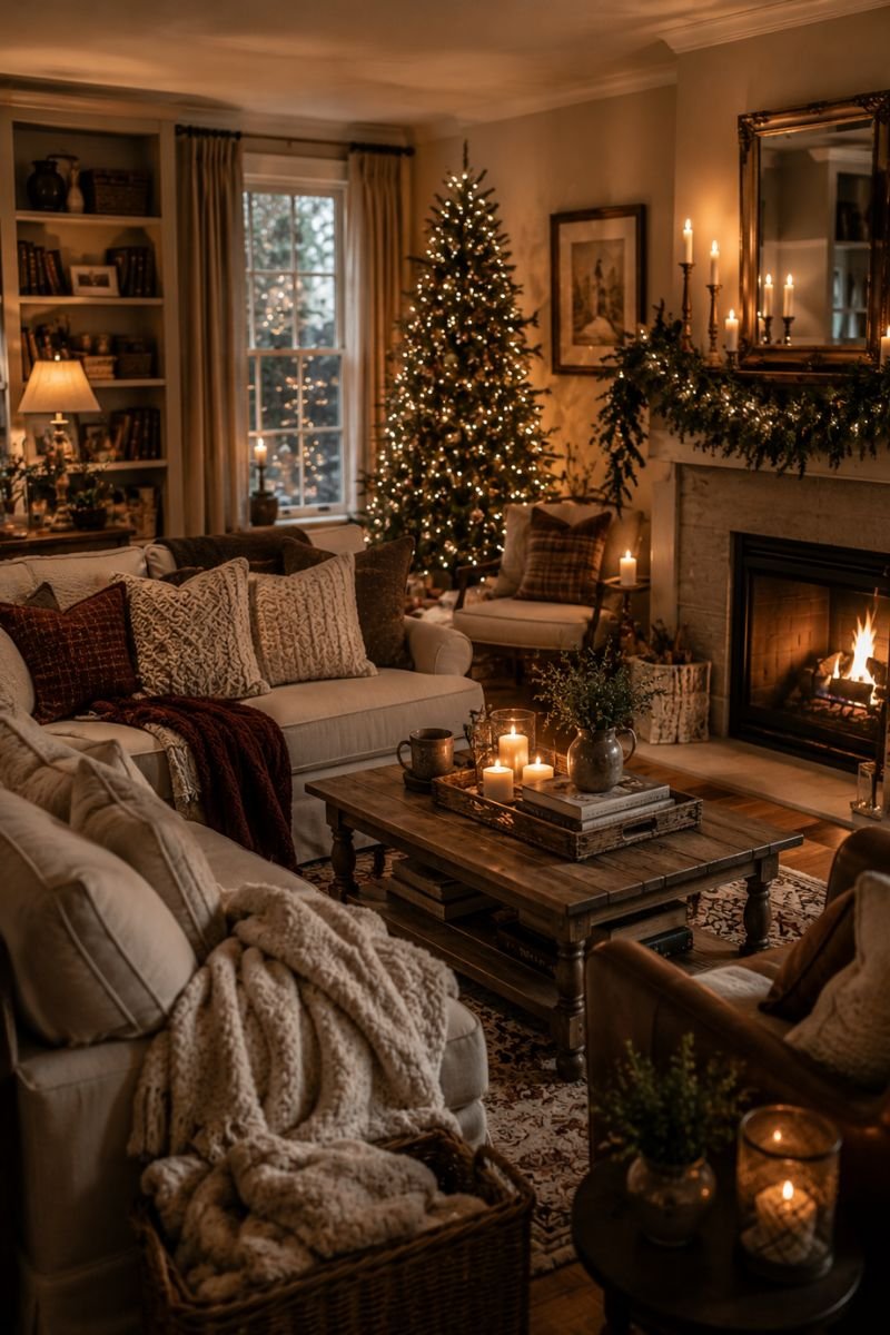 Complete cozy winter room with layered warmth and beautiful after-Christmas styling