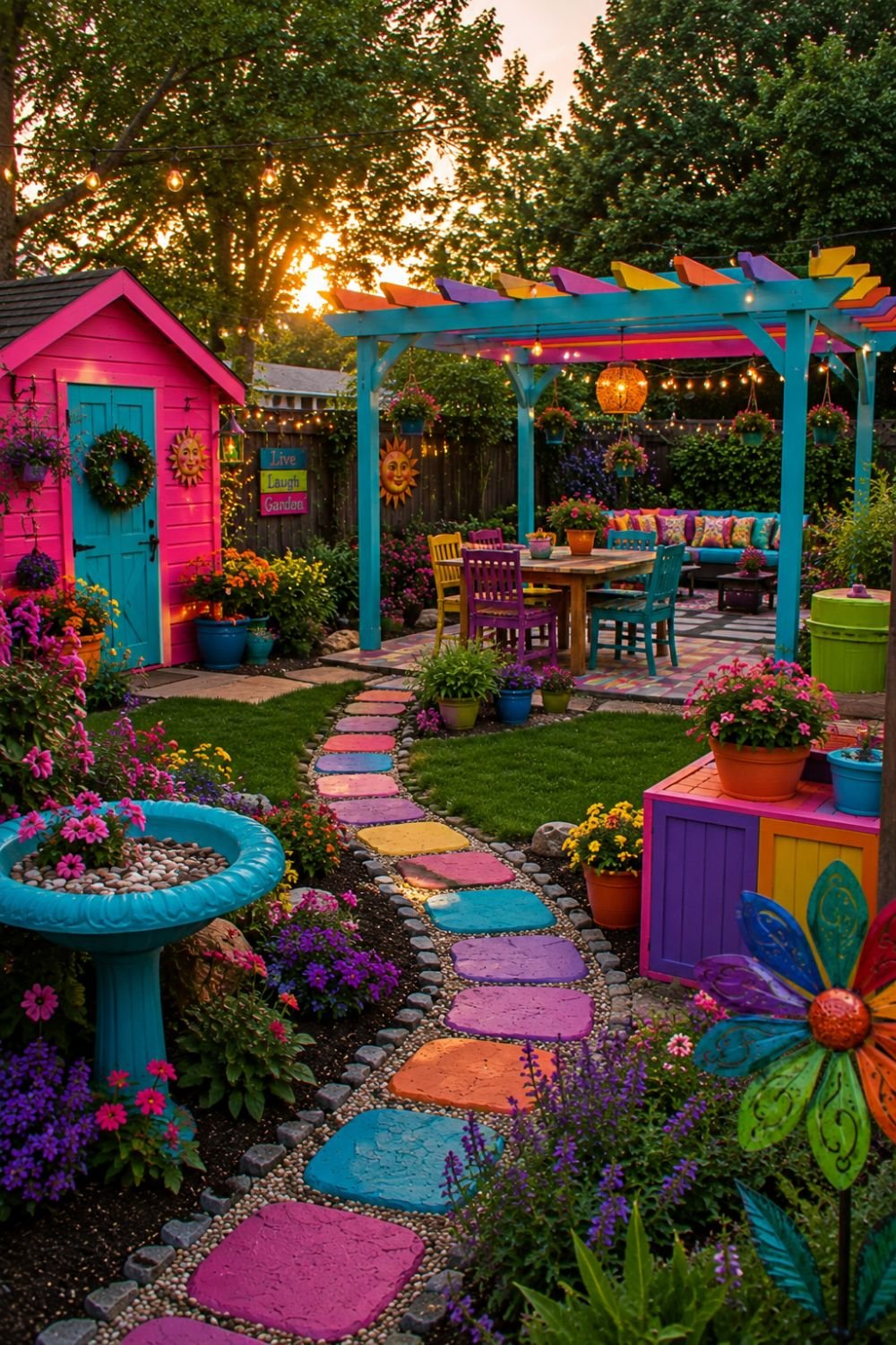 Complete dopamine backyard with colorful elements throughout creating happy outdoor space