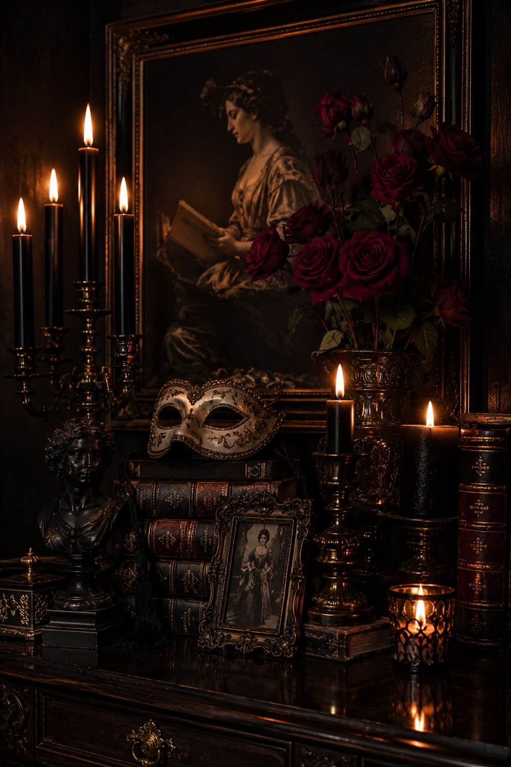 Theatrical vignette with grouped objects and candlelight