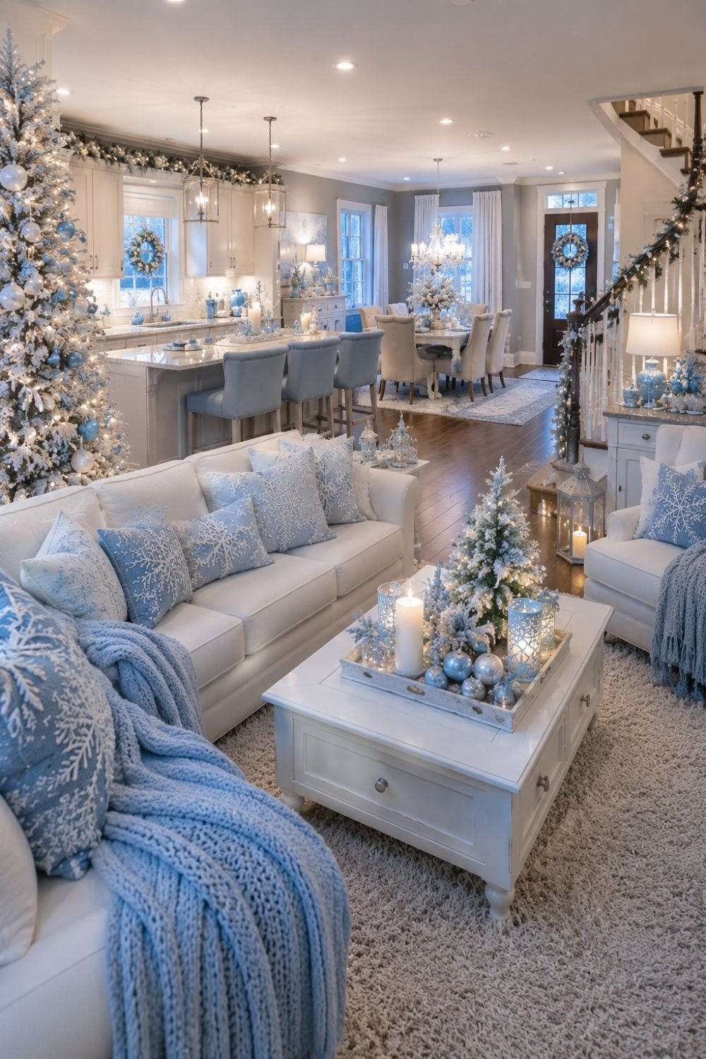 Complete icy blue Christmas home creating cohesive winter wonderland style