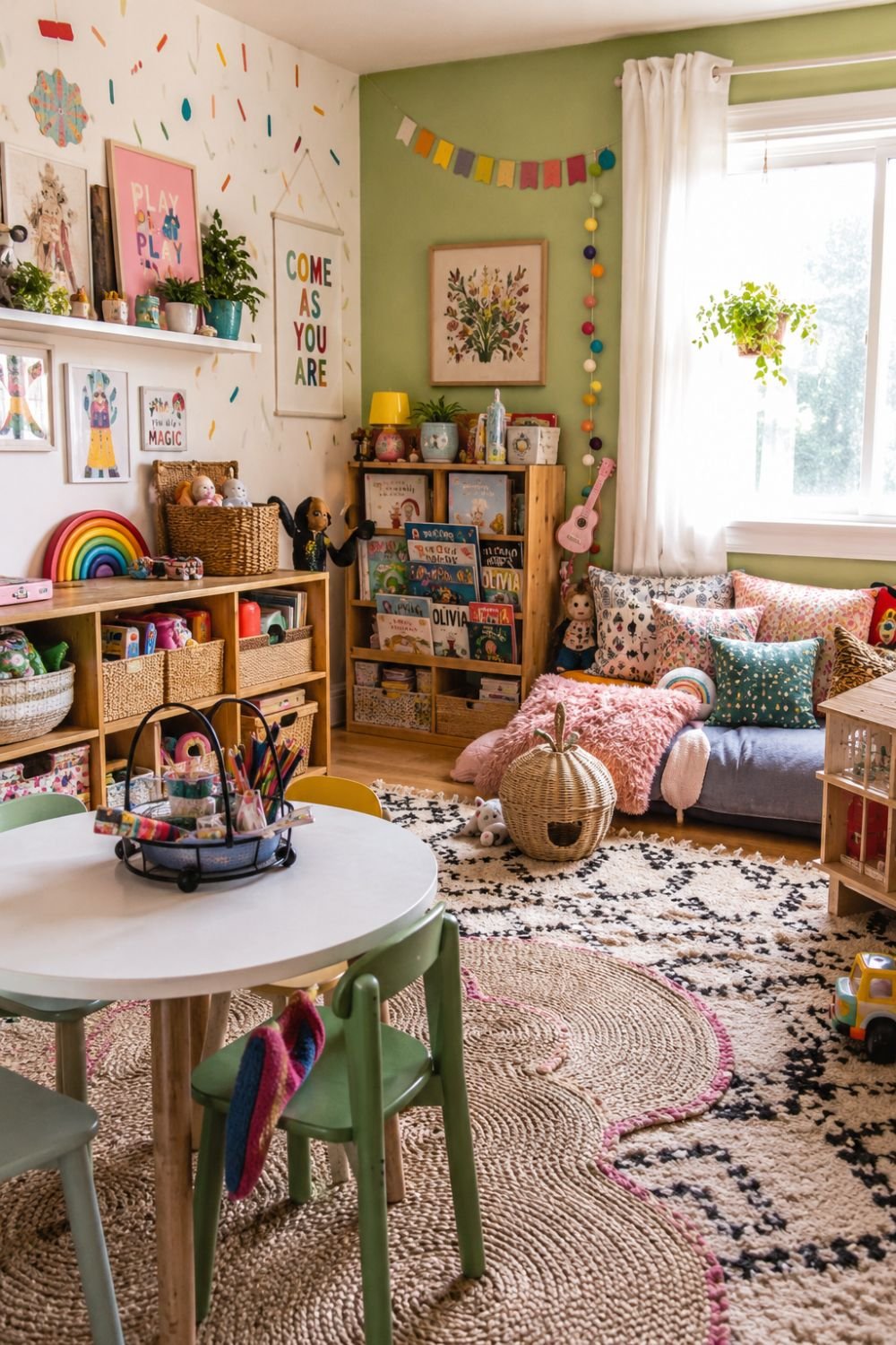 Complete maximalist kids' playroom with colorful walls patterns and creative elements