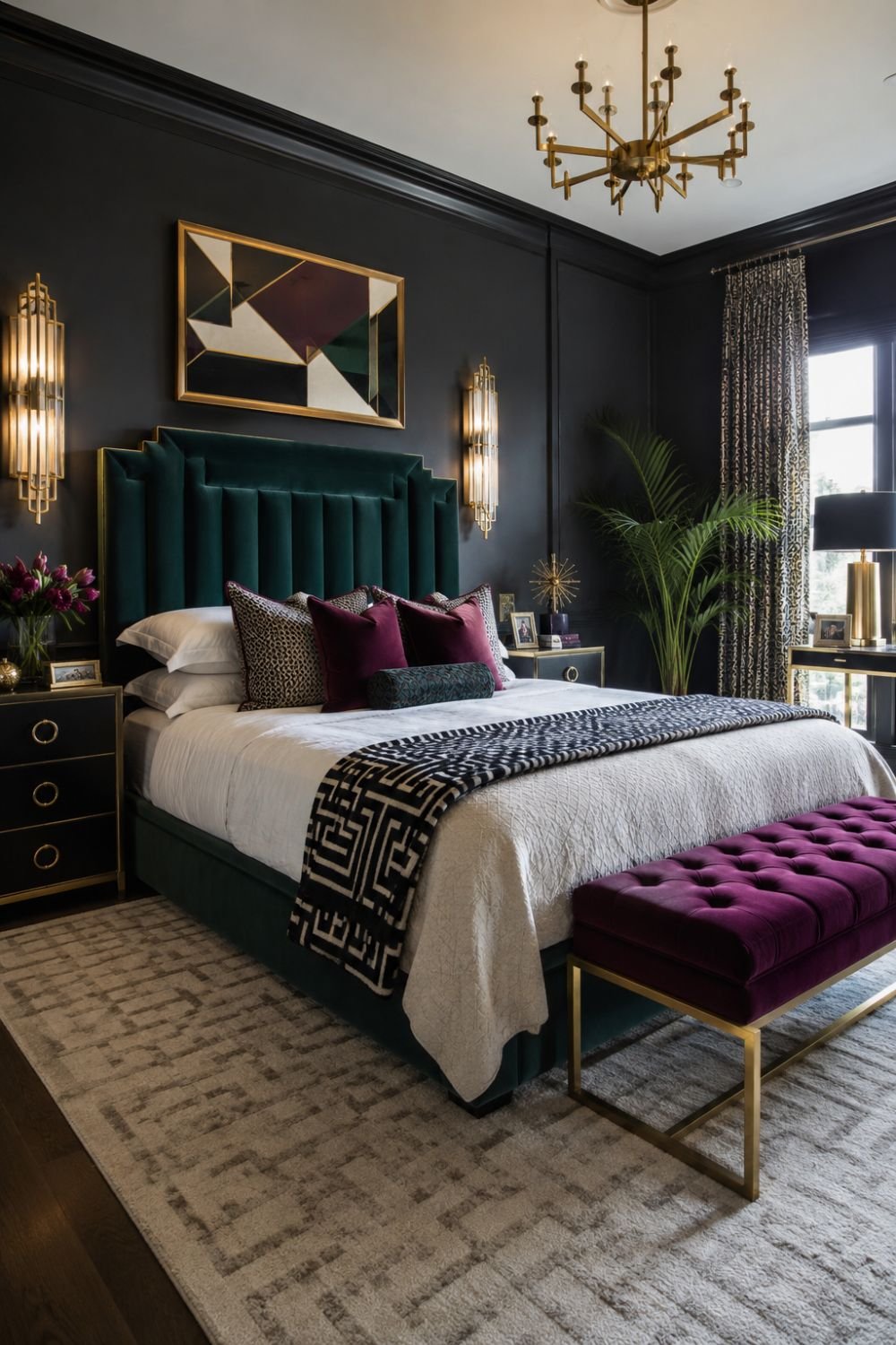 Complete neo deco bedroom with bold walls geometric headboard and metallic accents