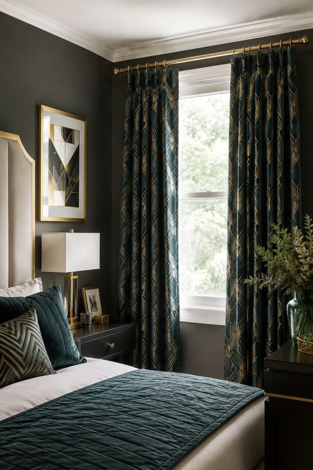Geometric patterned curtains on metallic rod in neo deco bedroom