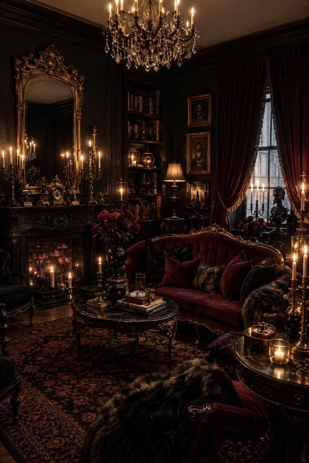 Complete opera aesthetic room with coordinated dramatic moody decor throughout