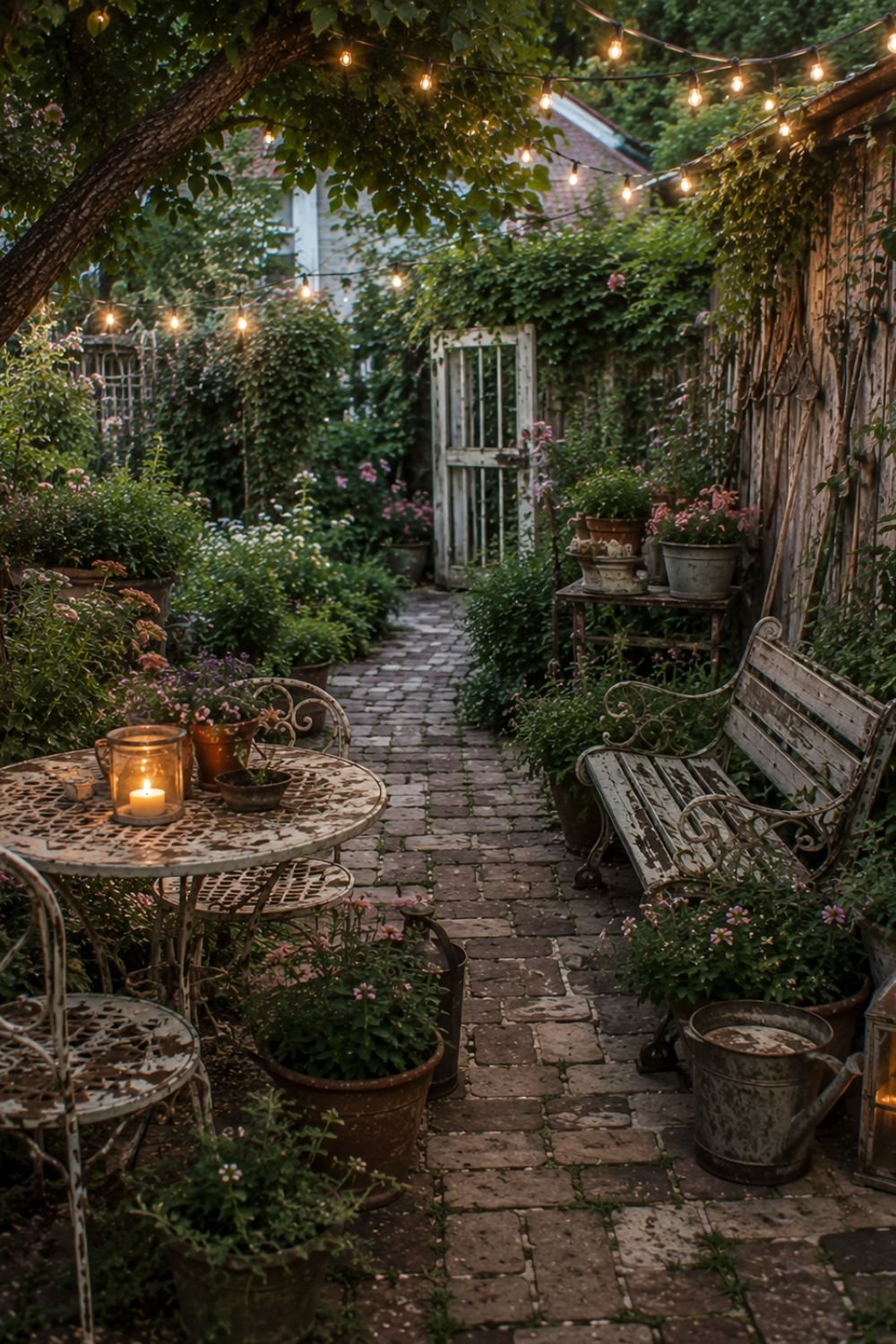 Complete vintage garden with antique elements throughout creating nostalgic summer retreat