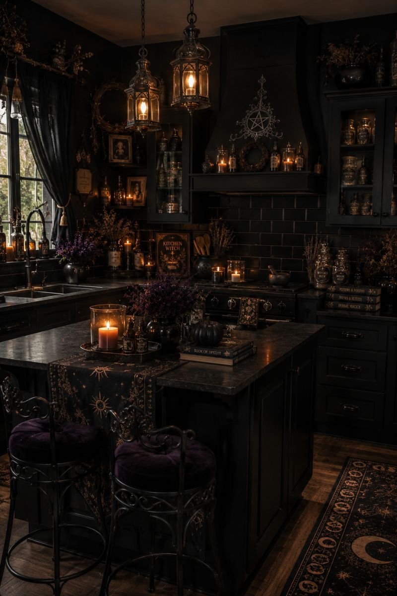 Complete witchy kitchen with dark walls and witchy decor throughout