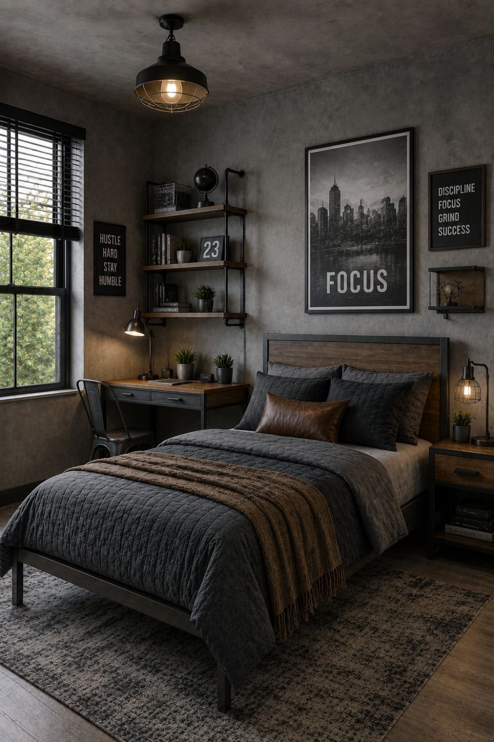 Concrete gray walls creating industrial modern boys bedroom