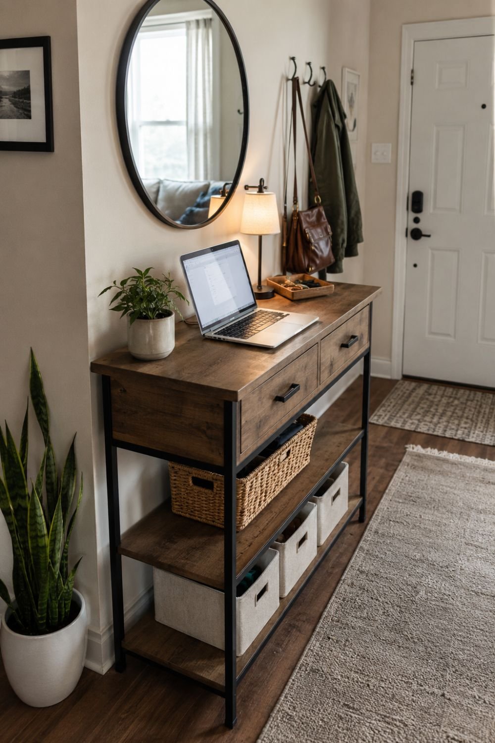 Console table used as desk and entry table in studio apartment