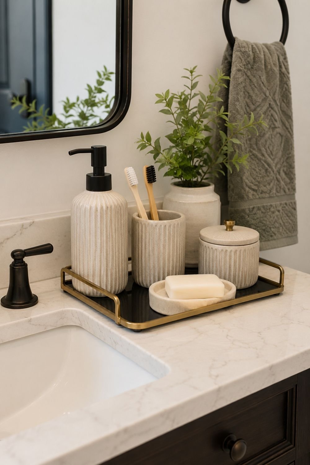 Coordinated accessories creating stylish bathroom details