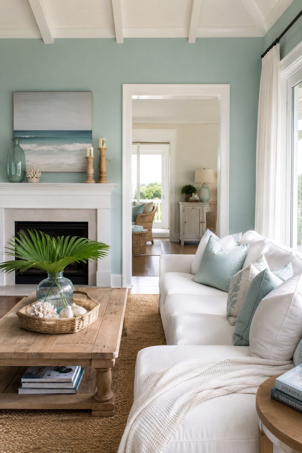 Coordinated coastal color palette with aquamarine walls white and natural wood