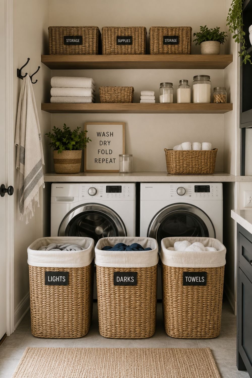 Coordinated laundry baskets creating cohesive laundry room design