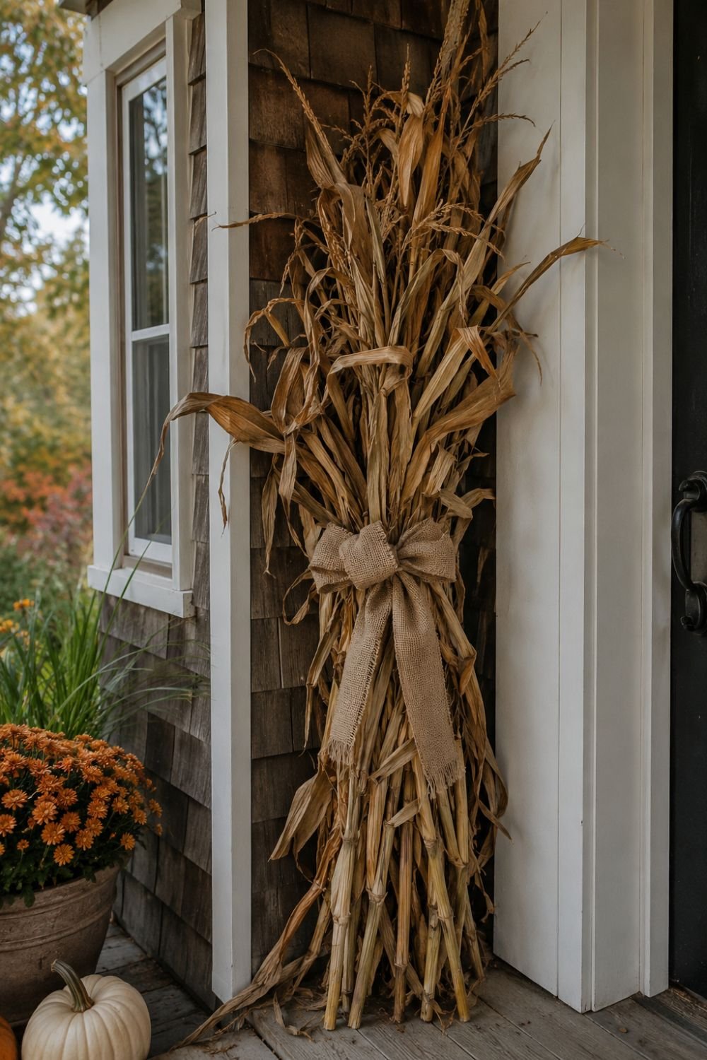 Corn stalks bundled with burlap ribbon on farmhouse fall porch