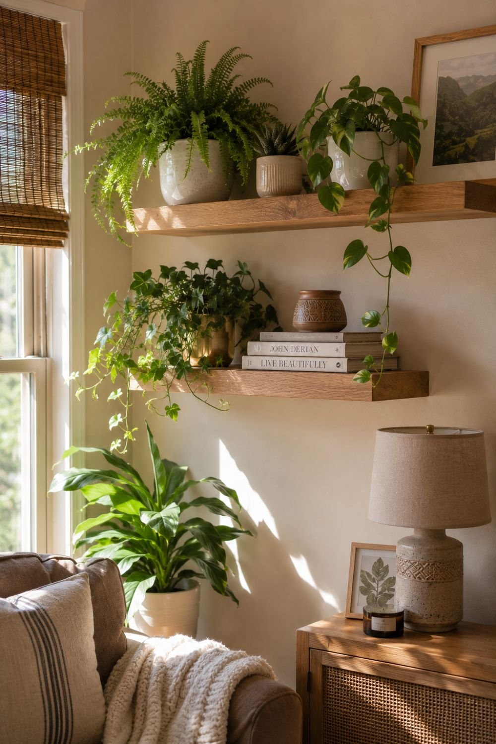 "Corner shelves displaying indoor plants in a cozy apartment.