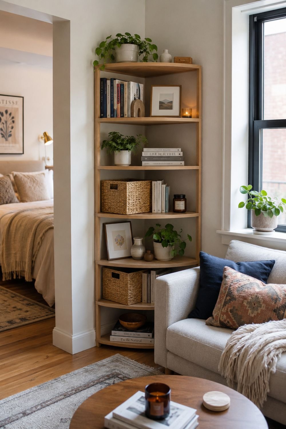 Corner shelving unit utilizing unused corner space in studio
