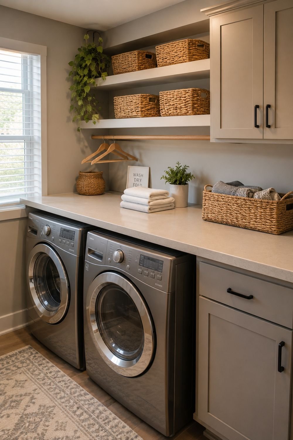 Countertop over washer and dryer creating laundry folding workspace