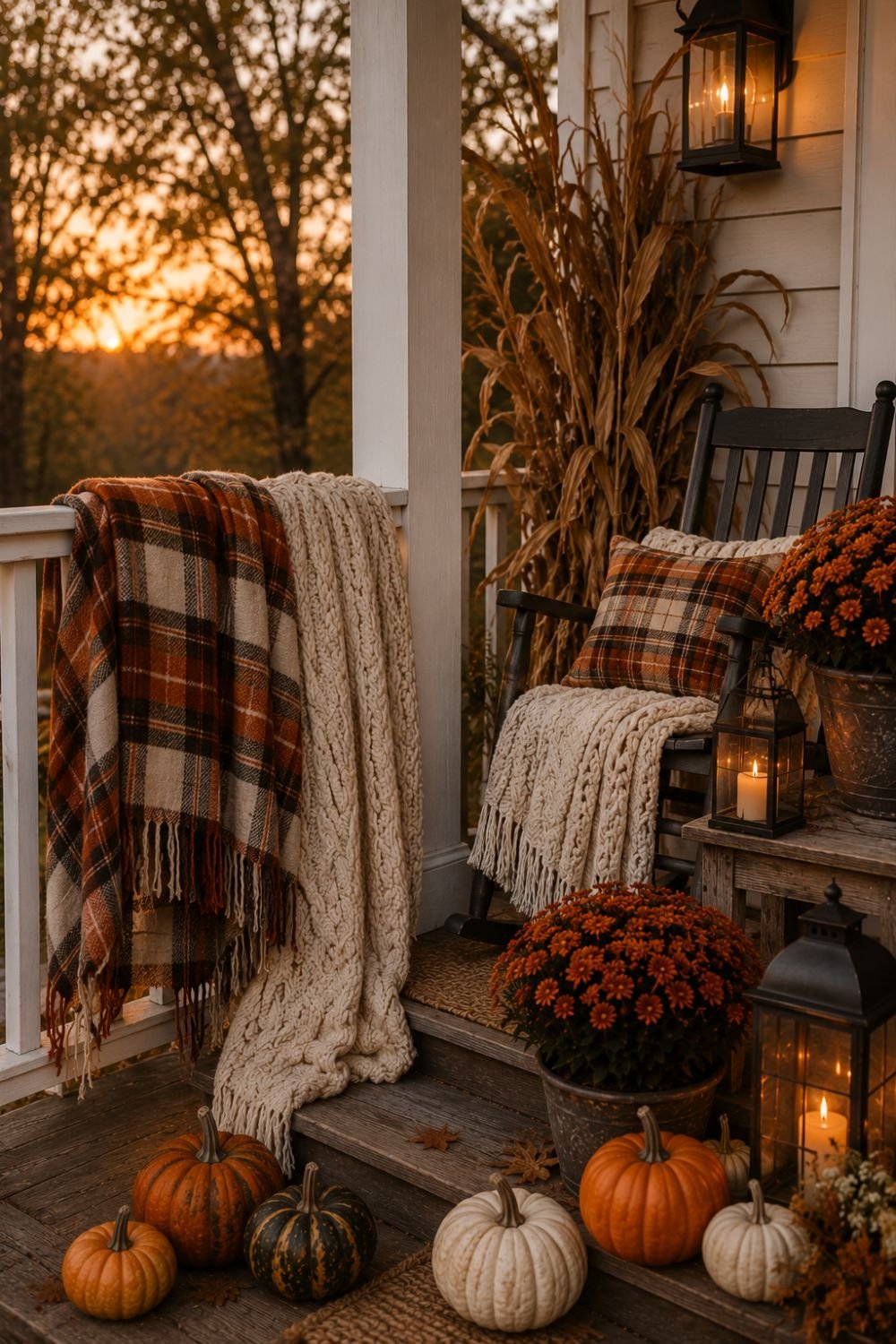 Cozy blankets draped on porch railings creating warm fall atmosphere